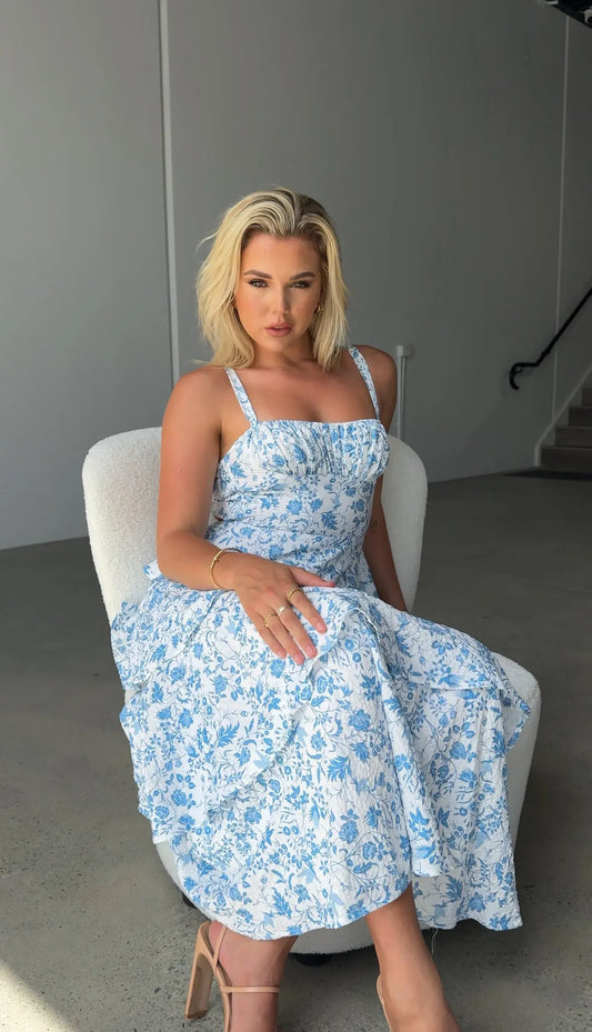 Velverra™ Matilda Ruffle Maxi – Elegant Blue Tiered Dress Aussiehomedecor