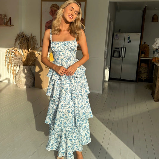 Velverra™ Matilda Ruffle Maxi – Elegant Blue Tiered Dress Aussiehomedecor