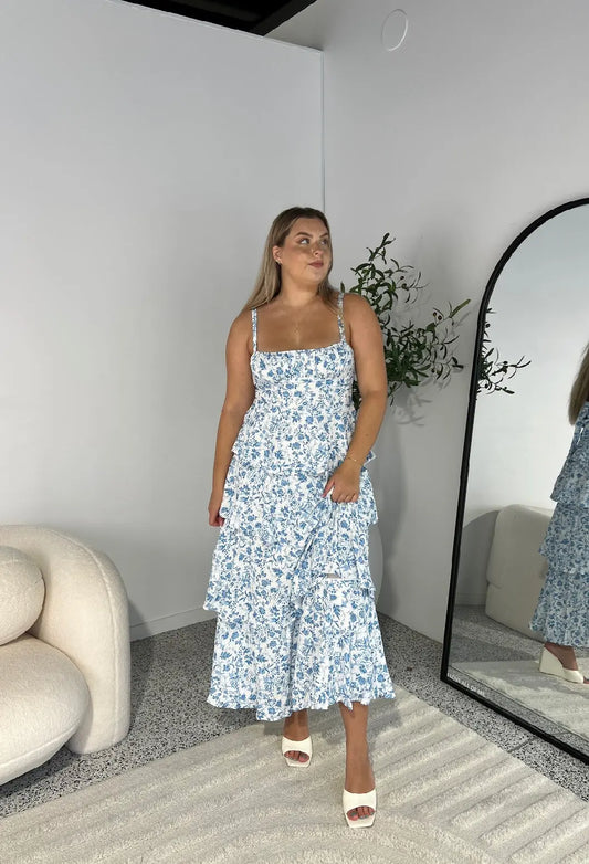 Velverra™ Matilda Ruffle Maxi – Elegant Blue Tiered Dress Aussiehomedecor