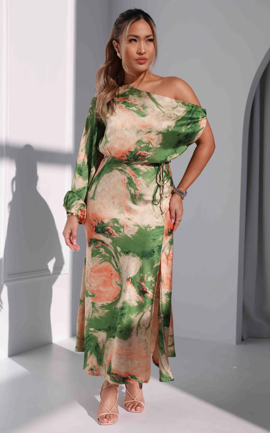 Martisha Long Sleeve Maxi Dress - Green Peach Multi Print Aussiehomedecor