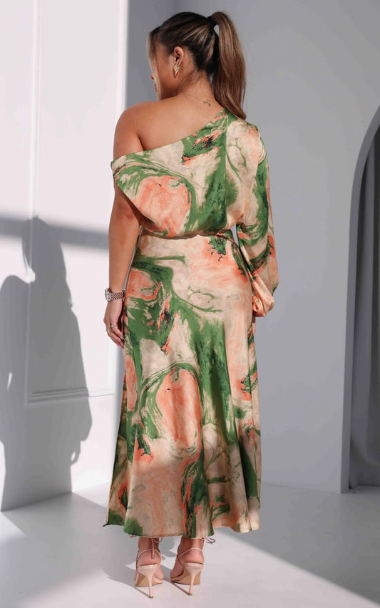 Martisha Long Sleeve Maxi Dress - Green Peach Multi Print Aussiehomedecor