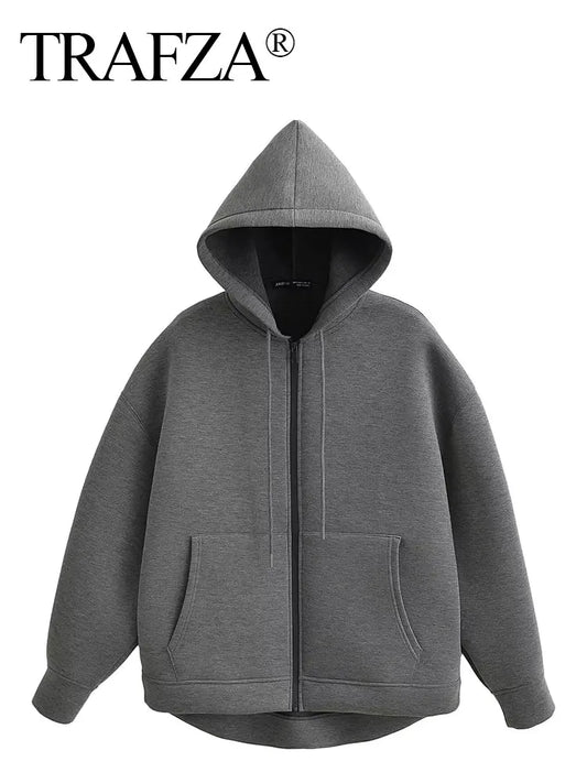TRAFZA™  Women's Gray Hooded Jacket – Loose Fit Long Sleeve Zip-Up Coat - Aussie Home Decor