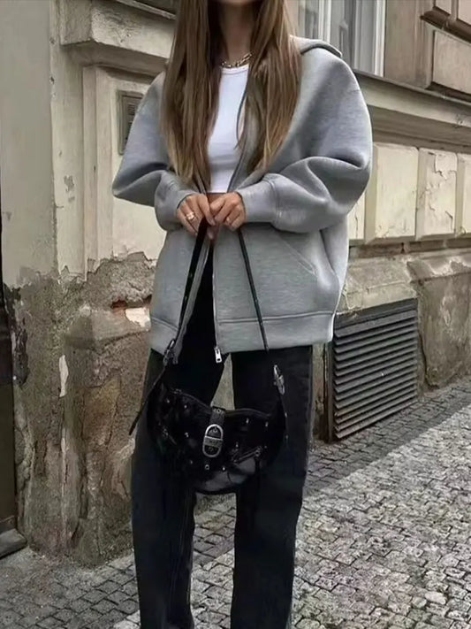 TRAFZA™  Women's Gray Hooded Jacket – Loose Fit Long Sleeve Zip-Up Coat - Aussie Home Decor