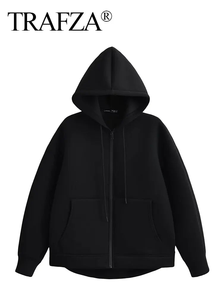 TRAFZA™  Women's Gray Hooded Jacket – Loose Fit Long Sleeve Zip-Up Coat - Aussie Home Decor