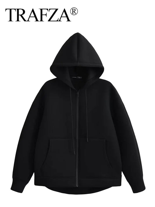TRAFZA™  Women's Gray Hooded Jacket – Loose Fit Long Sleeve Zip-Up Coat - Aussie Home Decor