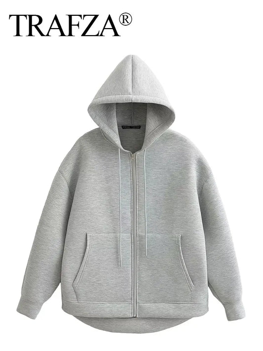 TRAFZA™  Women's Gray Hooded Jacket – Loose Fit Long Sleeve Zip-Up Coat - Aussie Home Decor
