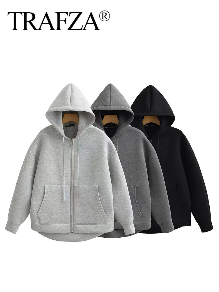 TRAFZA™  Women's Gray Hooded Jacket – Loose Fit Long Sleeve Zip-Up Coat - Aussie Home Decor