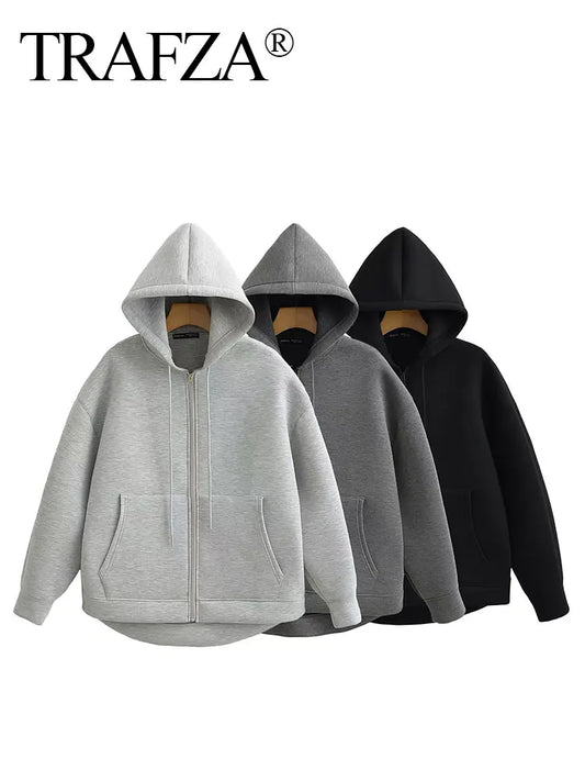 TRAFZA™  Women's Gray Hooded Jacket – Loose Fit Long Sleeve Zip-Up Coat - Aussie Home Decor