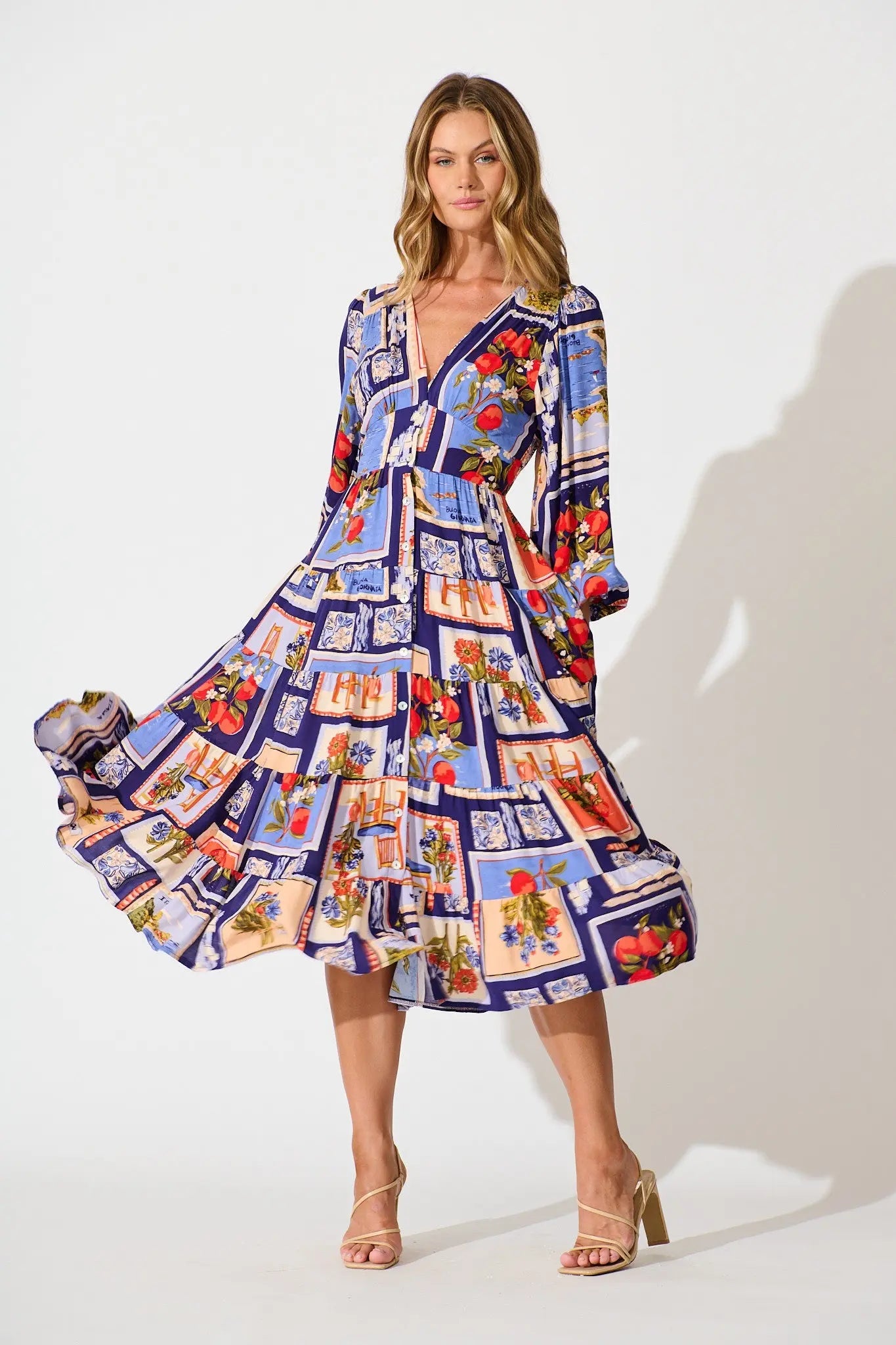 Serena Midi Dress in Blue Multi Postcard Print We Love Fashion