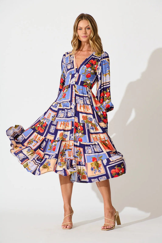 Serena Midi Dress in Blue Multi Postcard Print We Love Fashion