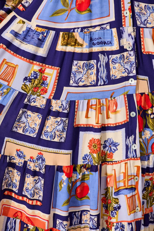 Serena Midi Dress in Blue Multi Postcard Print We Love Fashion