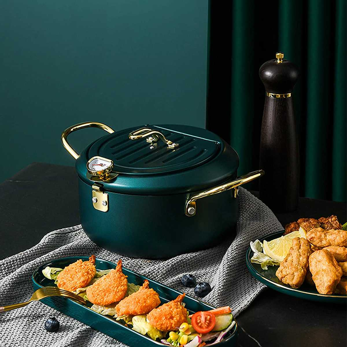 Japanese Deep Frying Pot with Thermometer Non-Stick Tempura Fryer Pan Green